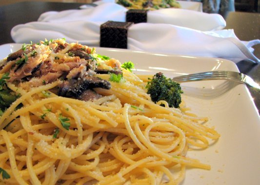 Chicken Confit with Mushrooms and Broccoli Over Thin Spaghetti — homemade recipe photo